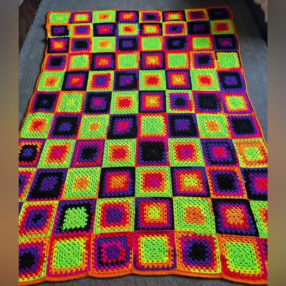Vintage Handmade Heavy Weighted 5x6 Foot Neon Granny Square Blanket